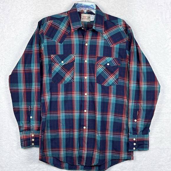 VTG 70s 80s Saddle King Western Pearl Snap Shirt Men M 15.5 Plaid Cowboy USA - Picture 2 of 8